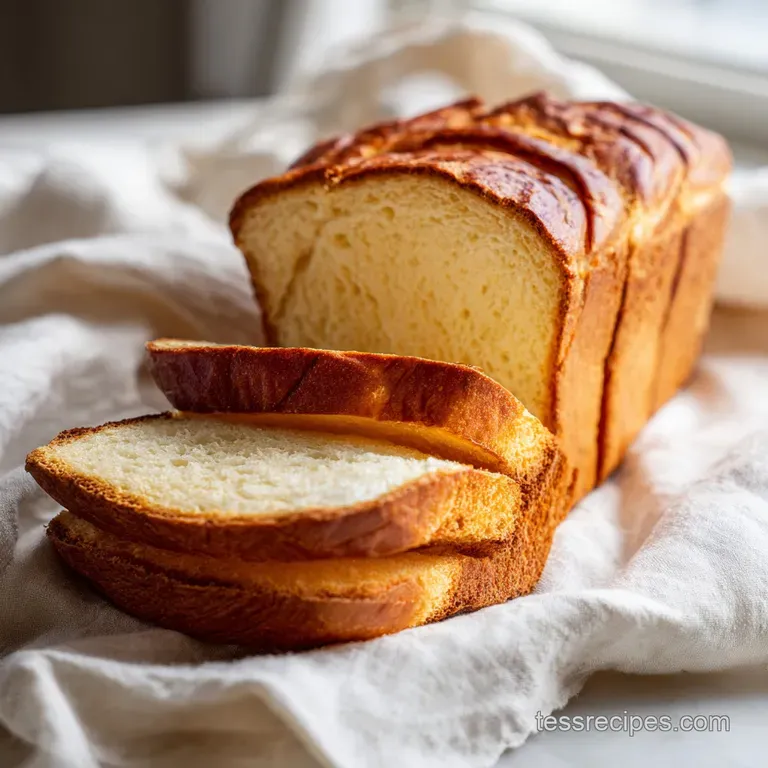 Thick slices of warm, golden bread stacked neatly on a white ceramic plate with a small pat of melting butter.