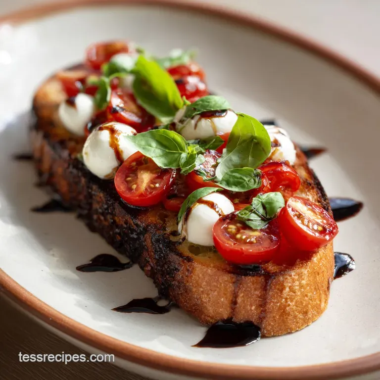 An elegant platter of crispy crostini with melted white cheese and diced tomatoes, drizzled with dark balsamic glaze.
