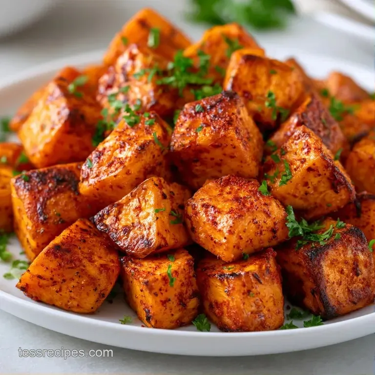 Charred orange sweet potato chunks neatly arranged with fresh microgreens and a swirl of white garlic yogurt.