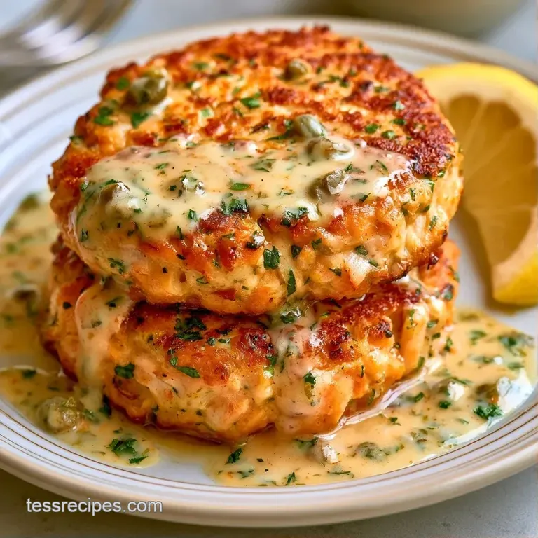 Three seared fish patties stacked neatly, drizzled with a pale yellow sauce and garnished with briny capers and lemon.