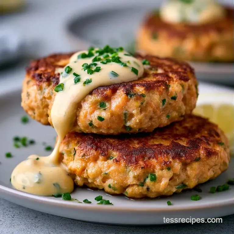 Three golden-brown patties neatly stacked on a white plate with dollops of creamy aioli and a bright lemon wedge.