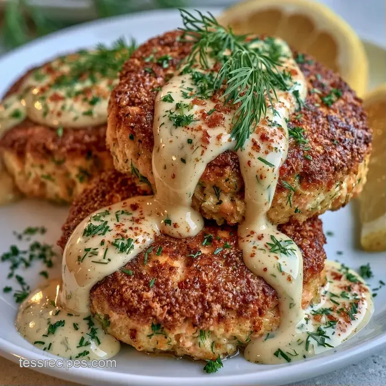 Three seared fish cakes stacked neatly on a slate board with dots of creamy aioli and microgreens for a modern look.
