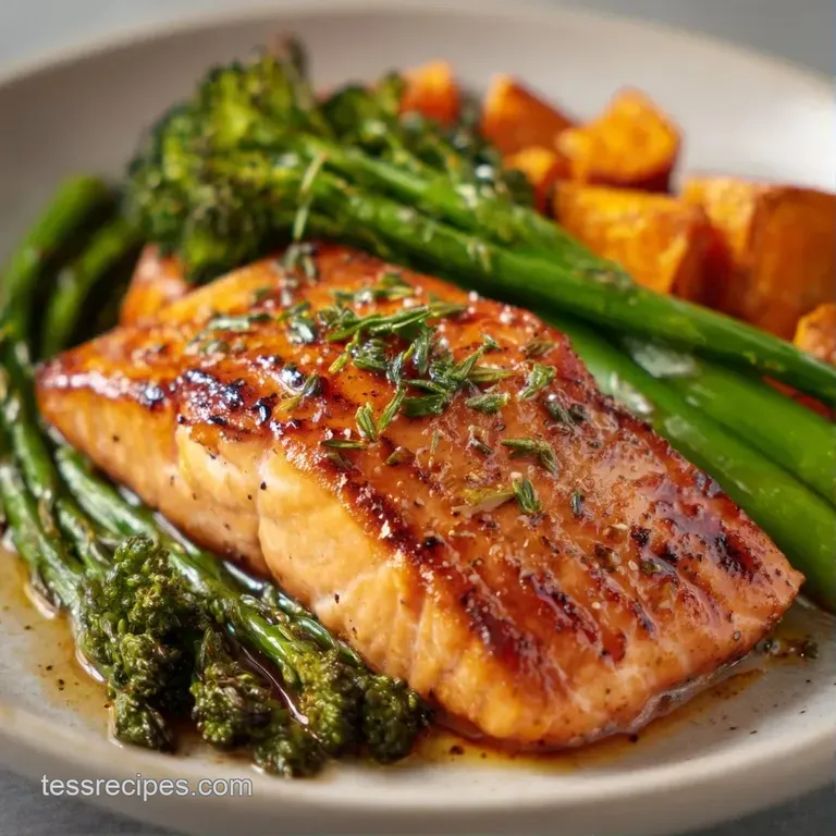 Flaky pink salmon fillet atop a bed of tender roasted vegetables on a white ceramic plate with a lemon wedge.