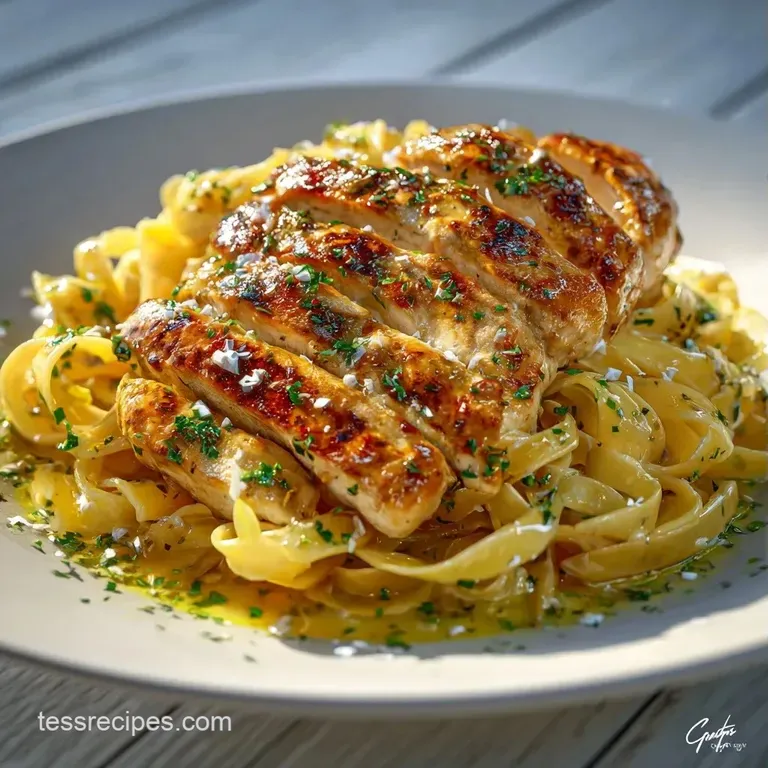Swirled pasta topped with seared chicken, fresh parsley, and shaved parmesan on a matte black ceramic plate.