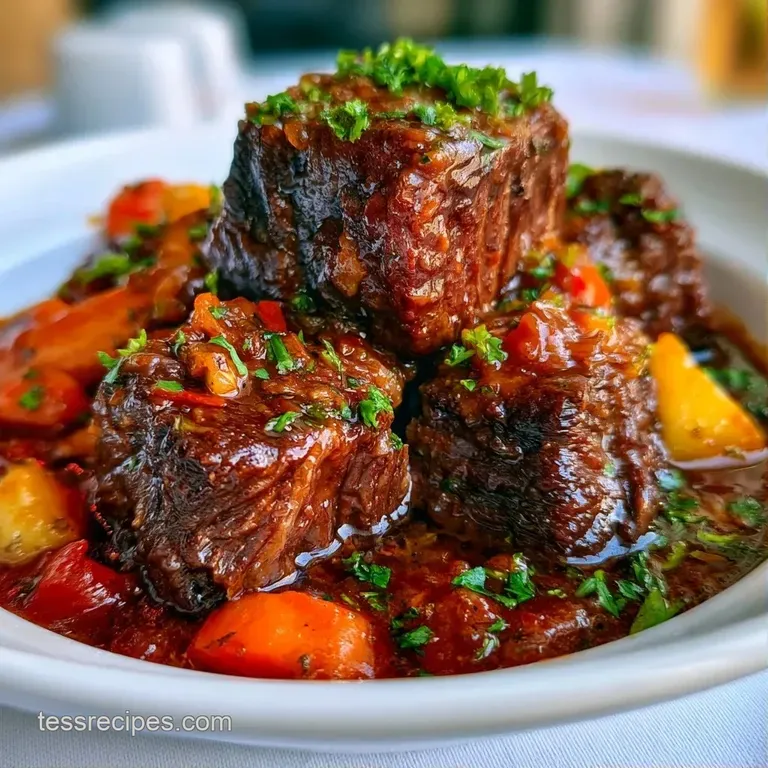 A rustic ceramic platter featuring succulent beef and root vegetables drizzled with a glossy, savory brown sauce.