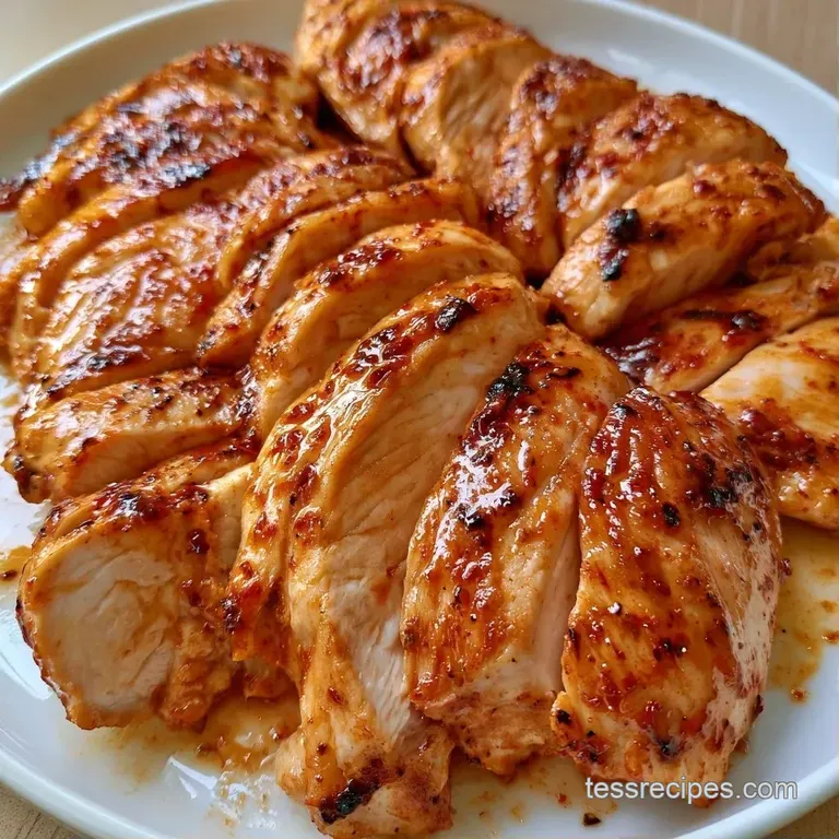 Sliced juicy chicken breast arranged on a white ceramic plate with steamed carrots and a drizzle of savory glaze.