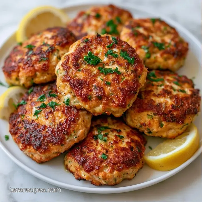 Three seared salmon cakes stacked neatly on a white platter, garnished with curly parsley and zesty lemon slices.