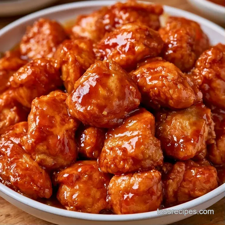 Vibrant red glazed chicken pieces with chunks of green pepper and onion in a white bowl with wooden chopsticks.