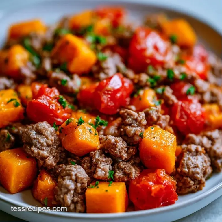 A colorful heap of roasted orange root vegetables and seared beef garnished with chopped parsley on a white plate.