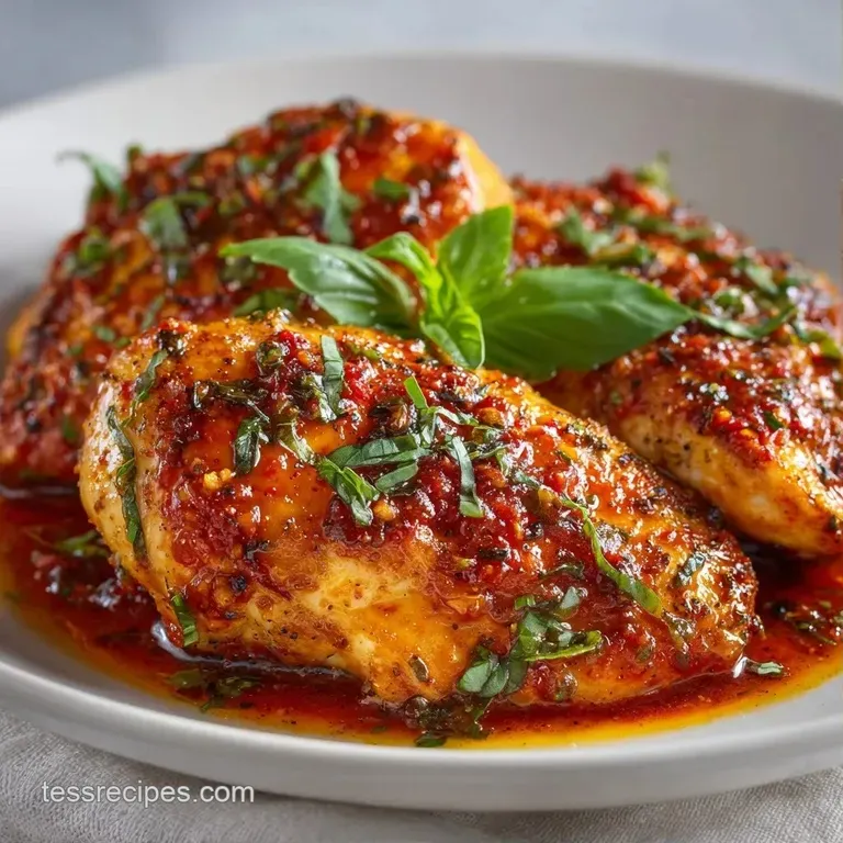 Sliced seared chicken breast topped with blistered cherry tomatoes and fresh basil on a clean white ceramic plate.