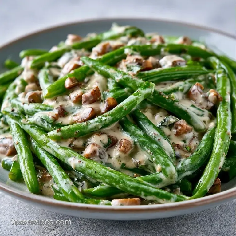 A neat scoop of creamy green beans topped with crispy golden onions served on a matte grey stoneware plate.