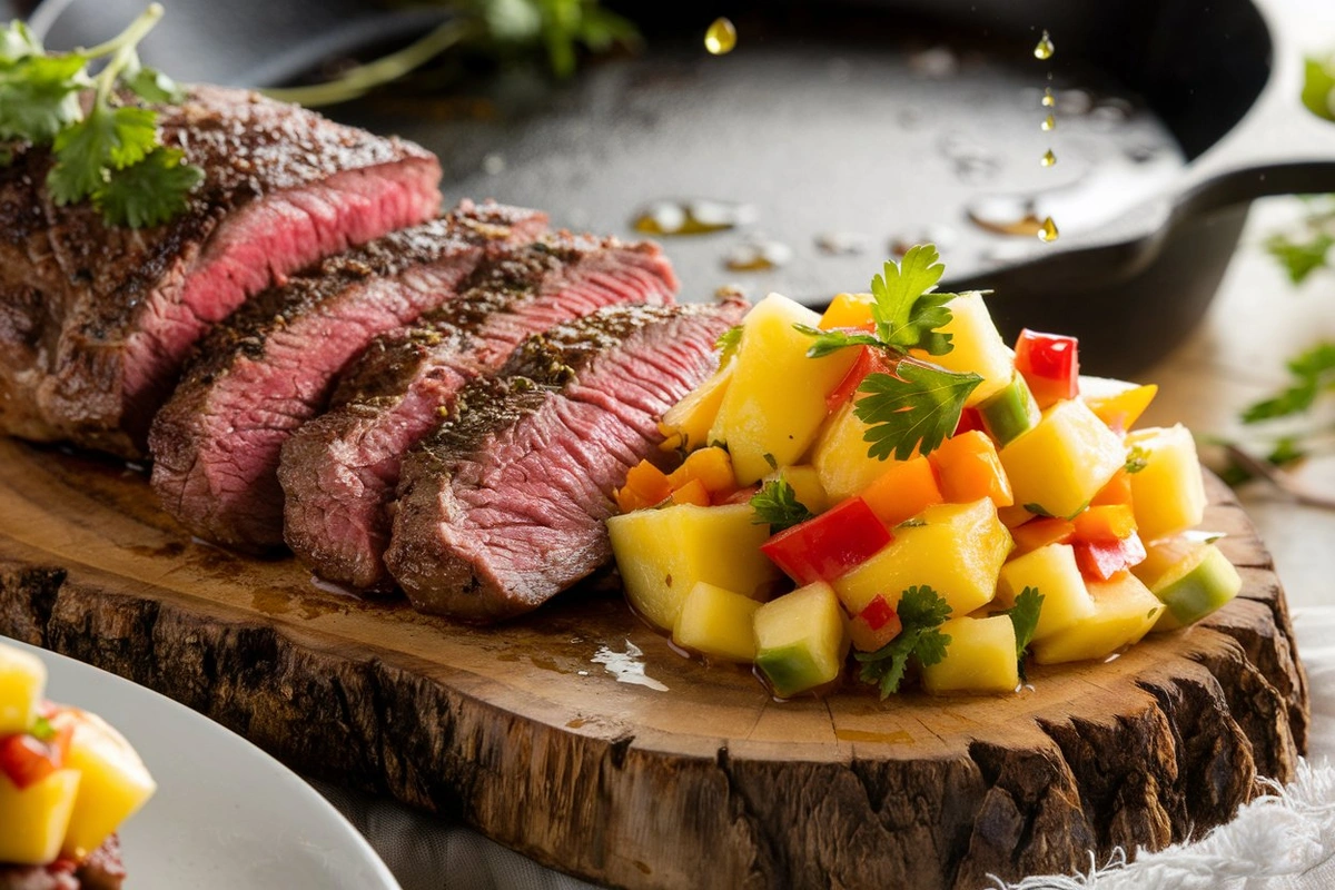 Pan seared tenderloin recipe paired with pineapple mango salsa, Tenderloin with fruit salsa, pineapple mango salsa with beef, pan-seared tenderloin and salsa, beef tenderloin with mango salsa, savory tenderloin recipe with salsa