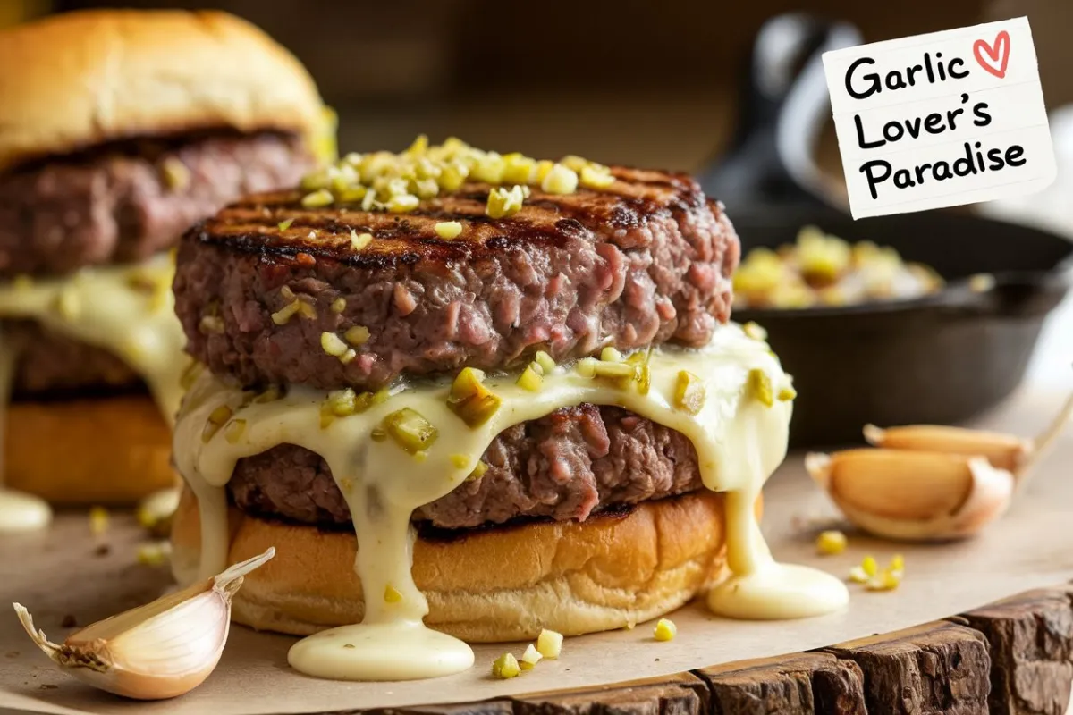 garlic overload burgers with creamy garlic burger sauce, garlic burgers, creamy garlic sauce burgers, garlic burger recipe, overload garlic burger, burger with garlic sauce