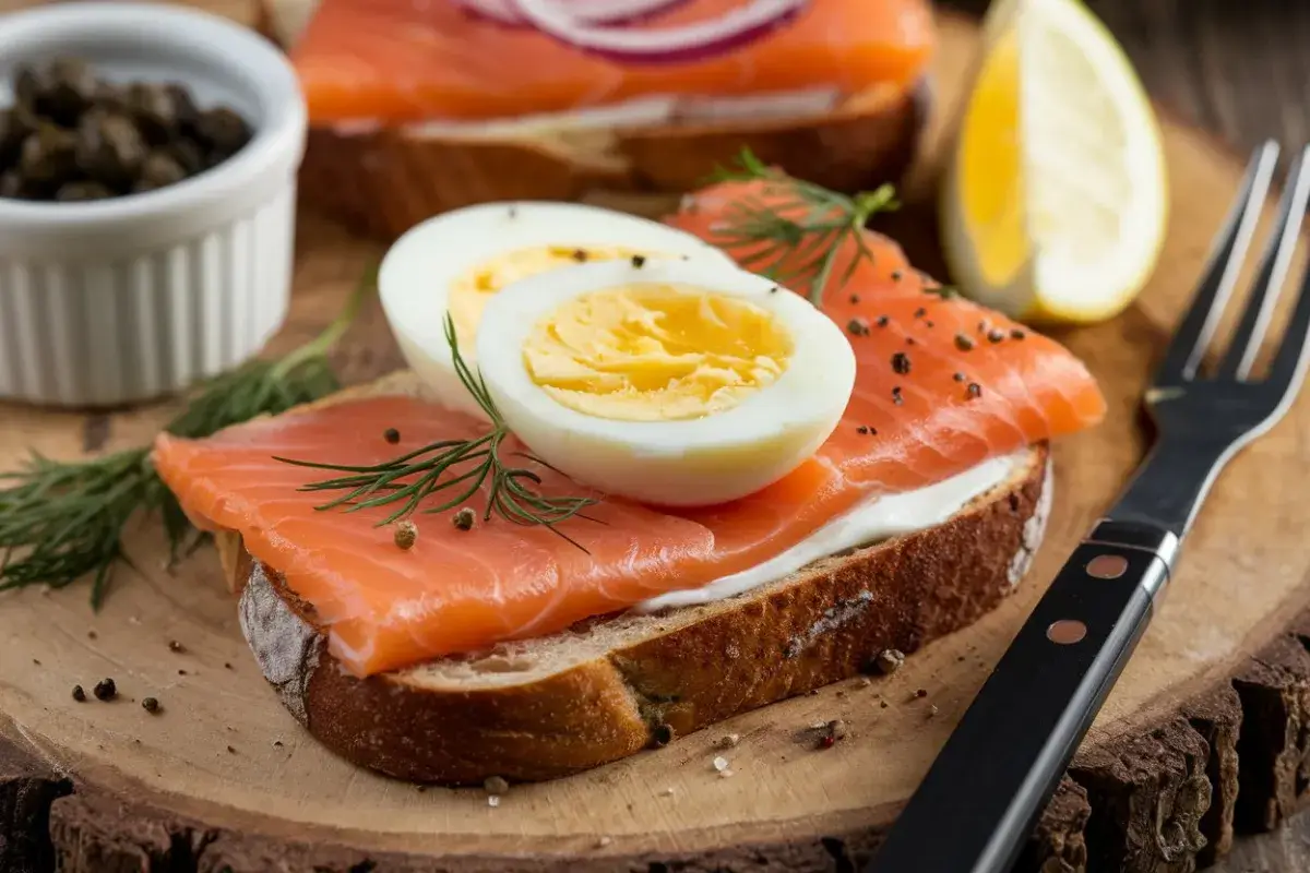 Smoked salmon on pretzel toast hard boiled egg, smoked salmon breakfast, pretzel toast with smoked salmon, salmon and hard-boiled egg toast, salmon brunch ideas, smoked salmon egg recipe