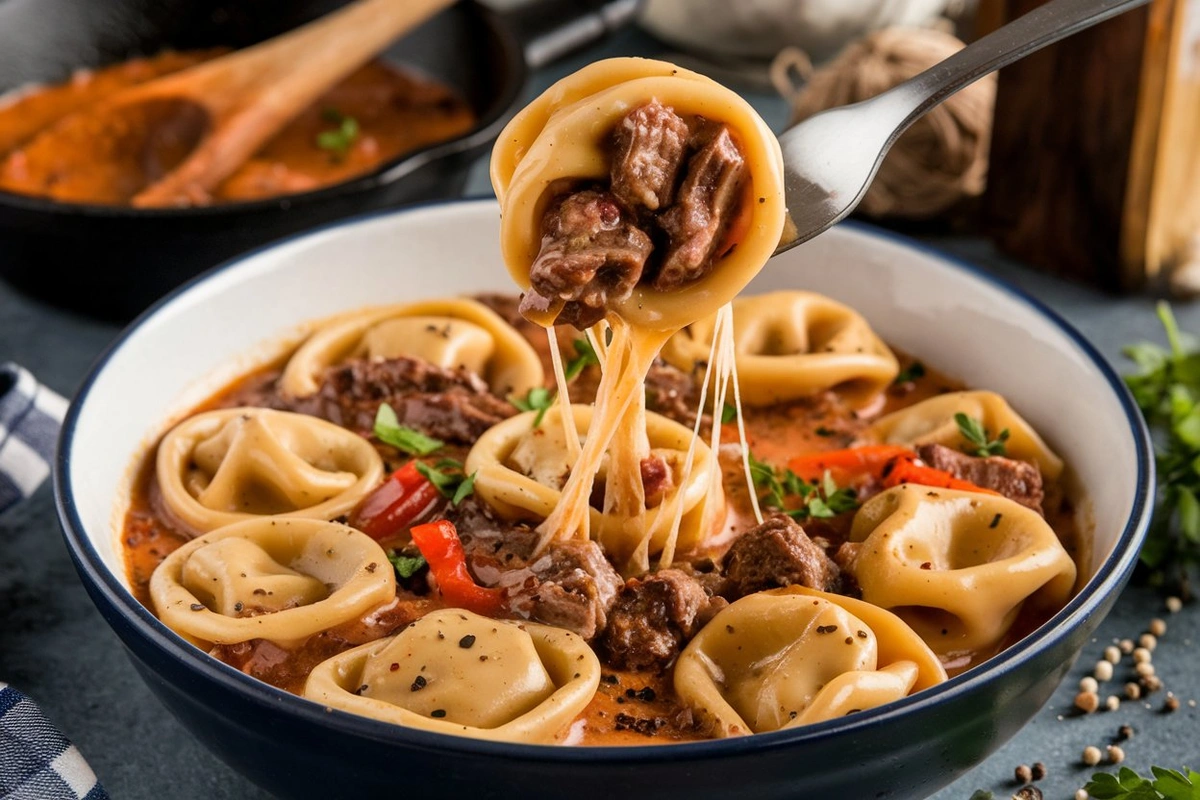 cheesesteak tortellini in rich provolone sauce, cheesesteak pasta, tortellini with provolone, creamy cheesesteak tortellini, Philly cheesesteak pasta, tortellini in creamy sauce