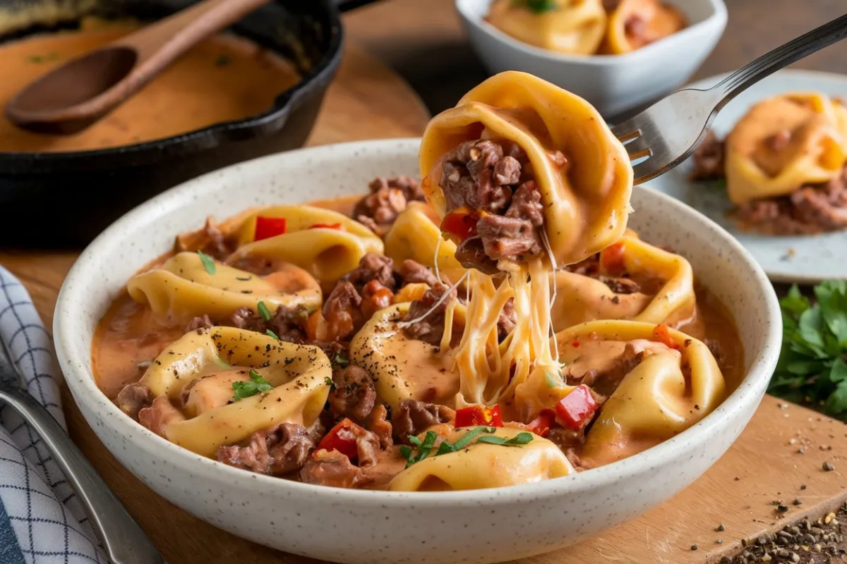 cheesesteak tortellini in rich provolone sauce, cheesesteak pasta, tortellini with provolone, creamy cheesesteak tortellini, Philly cheesesteak pasta, tortellini in creamy sauce