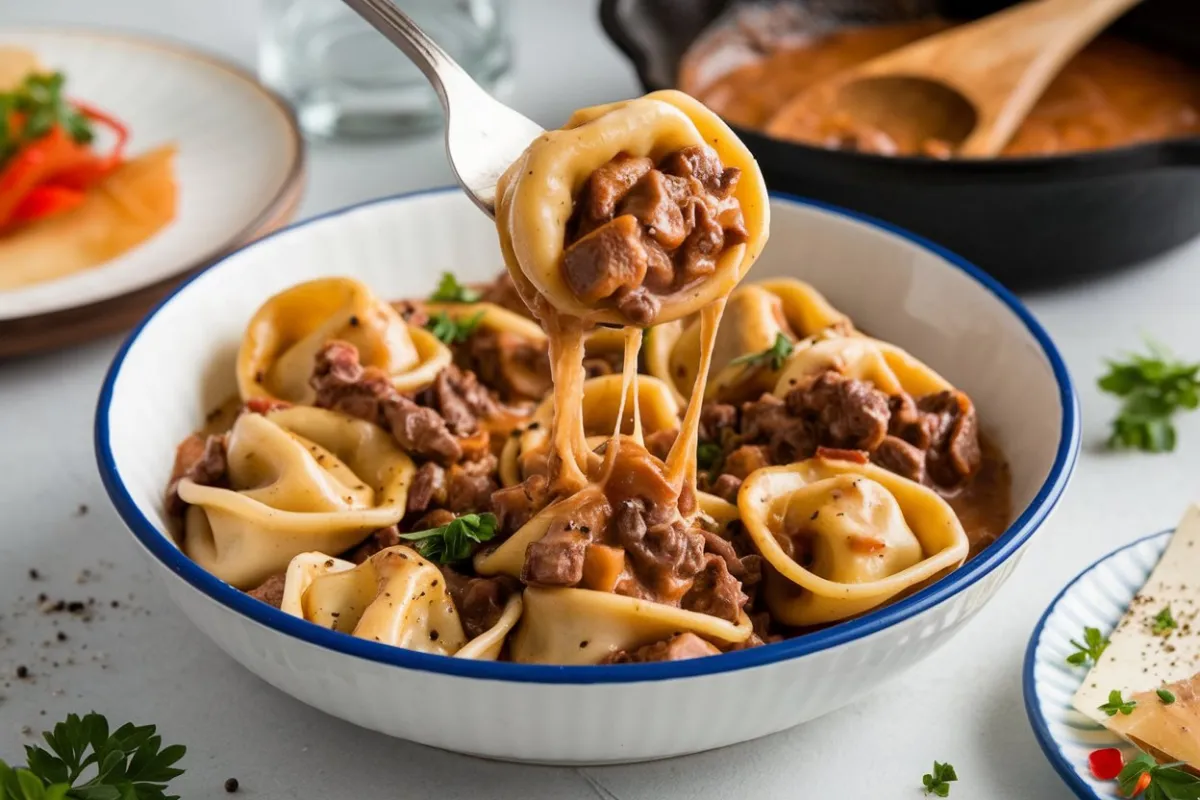 cheesesteak tortellini in rich provolone sauce, cheesesteak pasta, tortellini with provolone, creamy cheesesteak tortellini, Philly cheesesteak pasta, tortellini in creamy sauce