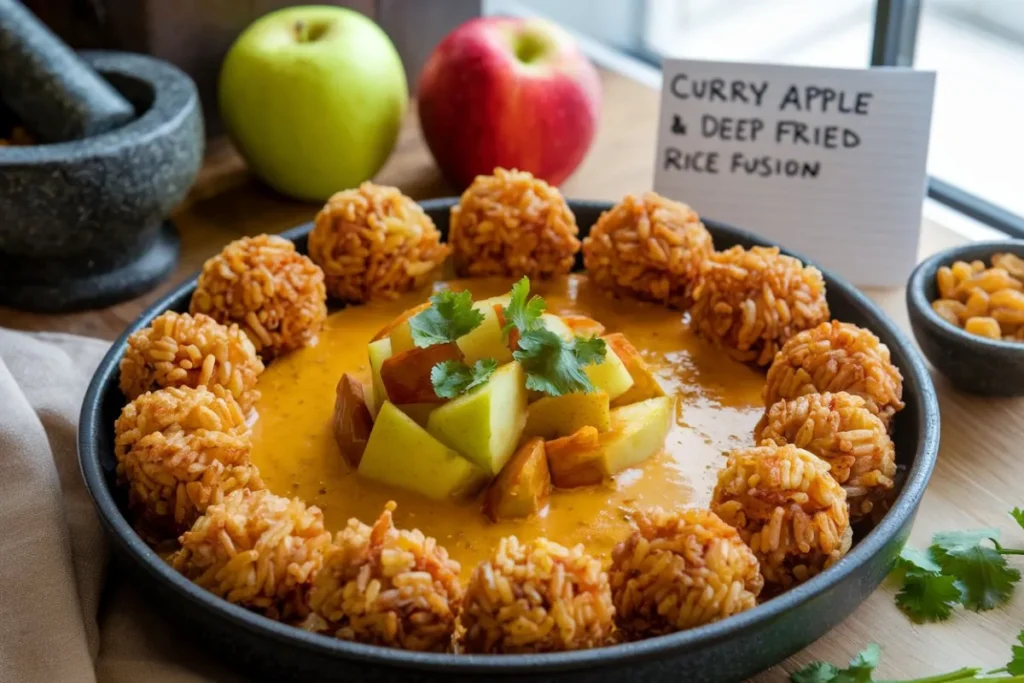 Curry Apple and Deep-Fried Rice Recipe, curry apple recipe, deep-fried rice dish, apple curry fusion, fried rice with curry, apple curry and rice fusion