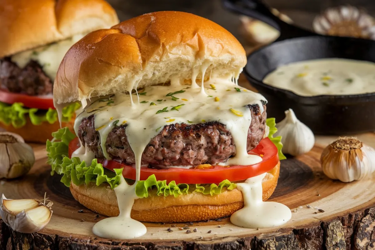 garlic overload burgers with creamy garlic burger sauce, garlic burgers, creamy garlic sauce burgers, garlic burger recipe, overload garlic burger, burger with garlic sauce