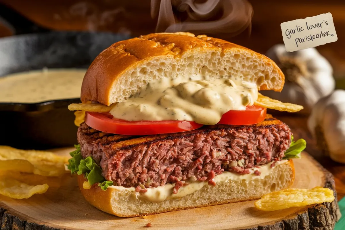 garlic overload burgers with creamy garlic burger sauce, garlic burgers, creamy garlic sauce burgers, garlic burger recipe, overload garlic burger, burger with garlic sauce