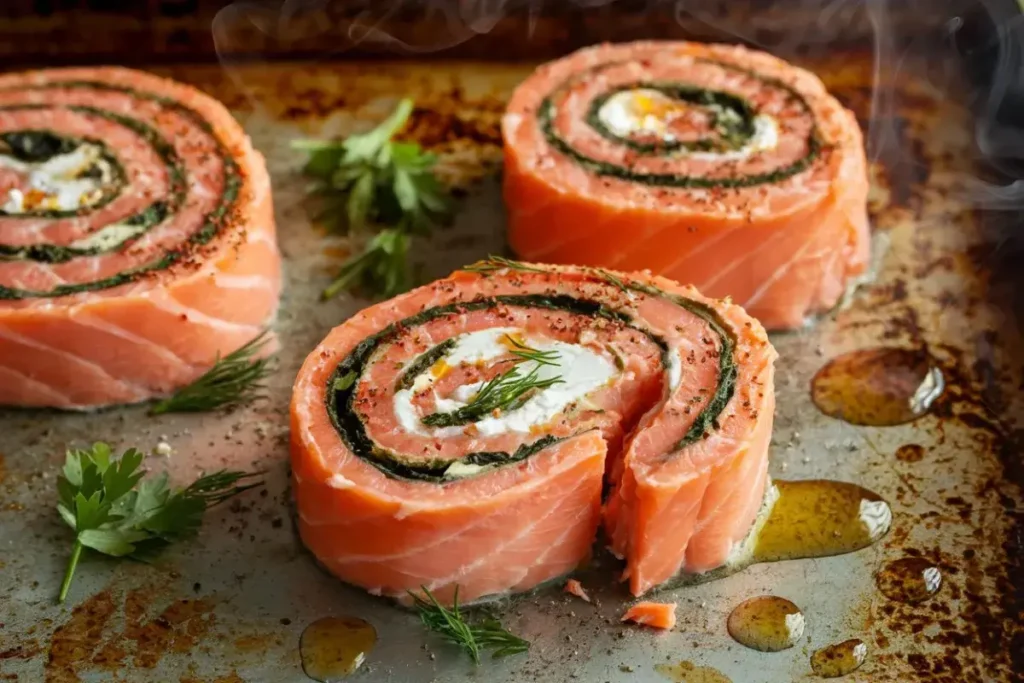 how to cook salmon pinwheels in the oven, baked salmon pinwheels, salmon pinwheel recipe, oven-baked salmon pinwheels, stuffed salmon rolls, easy salmon pinwheels