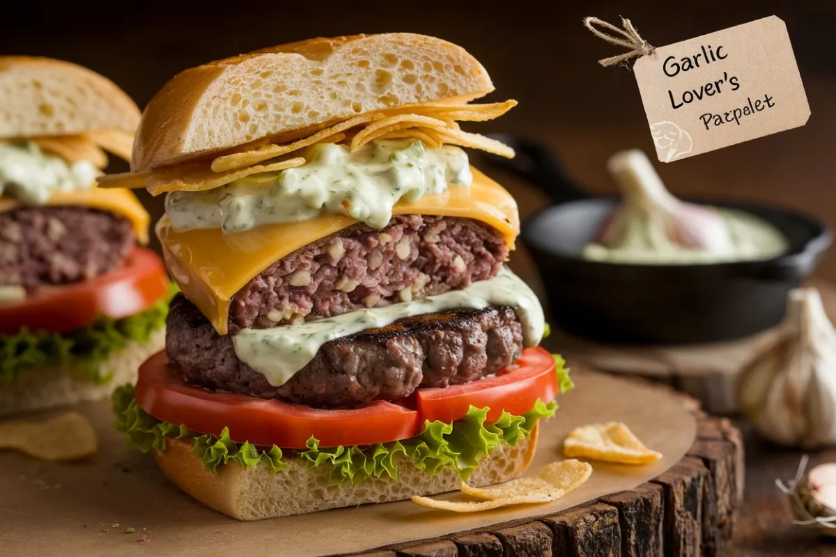 garlic overload burgers with creamy garlic burger sauce, garlic burgers, creamy garlic sauce burgers, garlic burger recipe, overload garlic burger, burger with garlic sauce