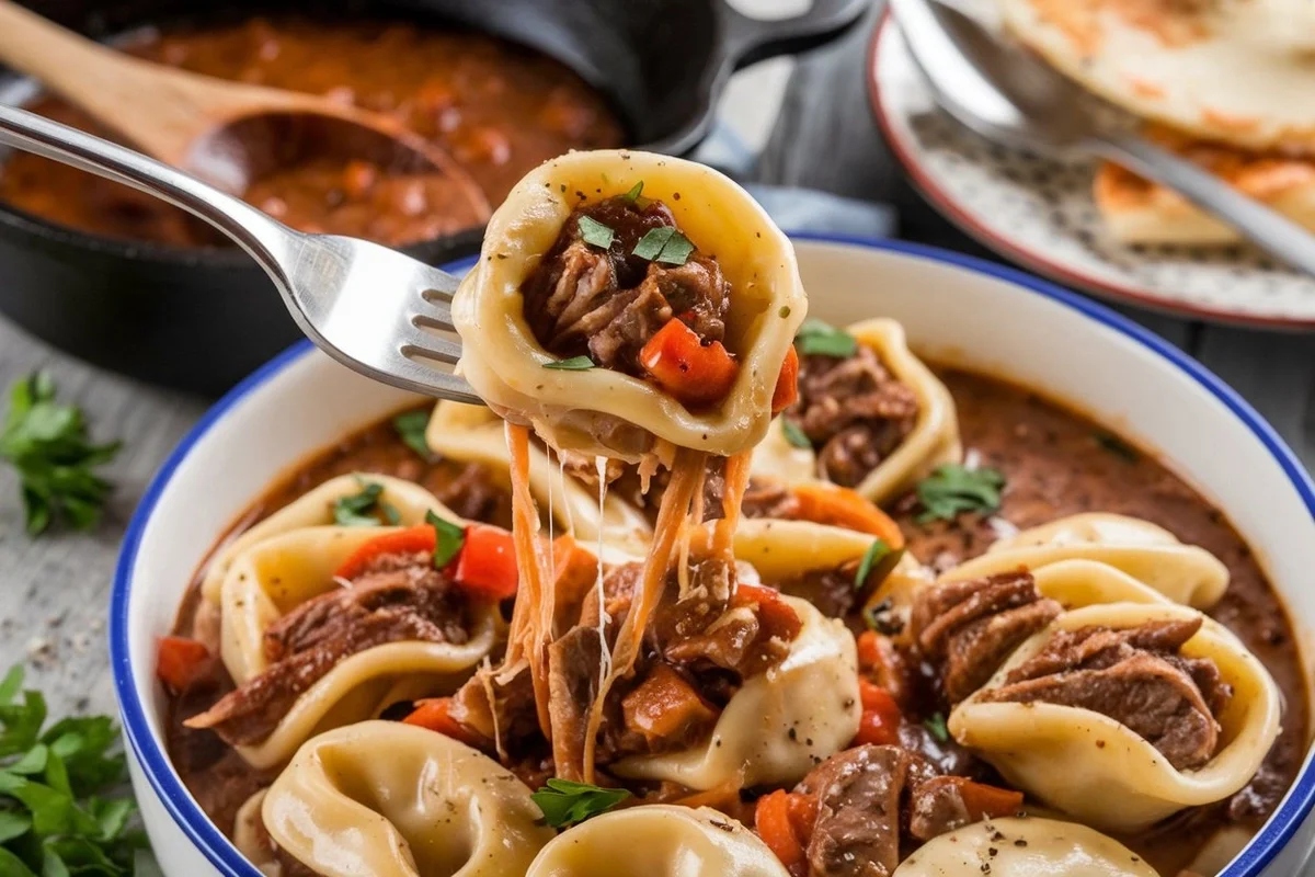 cheesesteak tortellini in rich provolone sauce, cheesesteak pasta, tortellini with provolone, creamy cheesesteak tortellini, Philly cheesesteak pasta, tortellini in creamy sauce