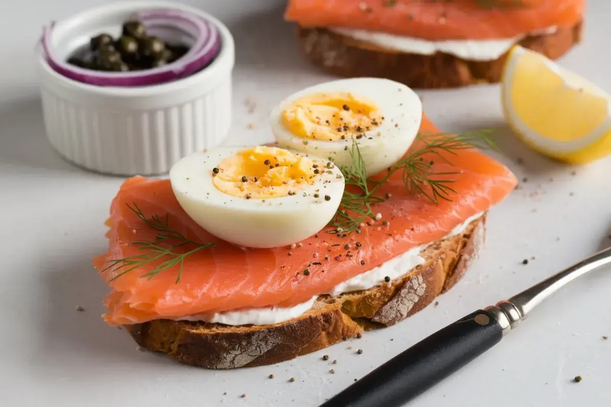 Smoked salmon on pretzel toast hard boiled egg, smoked salmon breakfast, pretzel toast with smoked salmon, salmon and hard-boiled egg toast, salmon brunch ideas, smoked salmon egg recipe