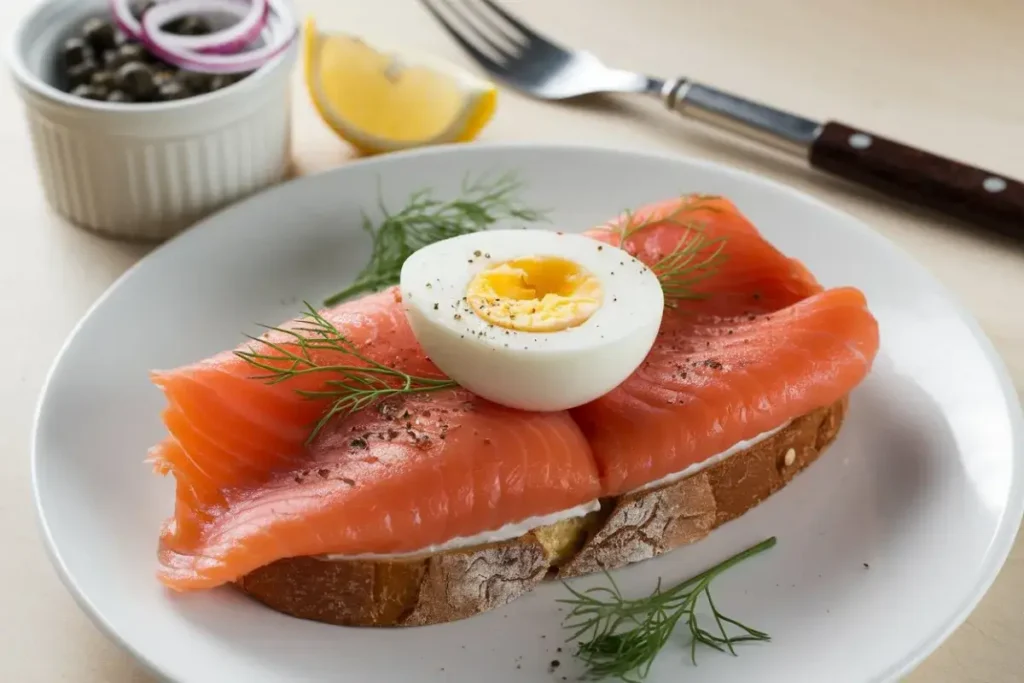 Smoked salmon on pretzel toast hard boiled egg, smoked salmon breakfast, pretzel toast with smoked salmon, salmon and hard-boiled egg toast, salmon brunch ideas, smoked salmon egg recipe