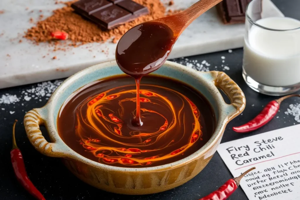 red chili caramel recipe, spicy caramel recipe, chili caramel sauce, caramel with red chili, sweet and spicy caramel, red chili dessert caramel