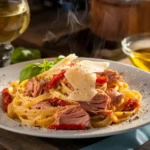 Genova sun-dried tomato and tuna pasta, Genova pasta with tuna and sun-dried tomatoes, Mediterranean tuna pasta, sun-dried tomato pasta with tuna, Italian tuna and tomato pasta, tuna and tomato pasta recipe