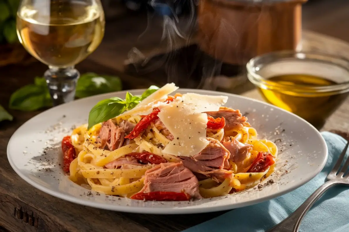 Genova sun-dried tomato and tuna pasta, Genova pasta with tuna and sun-dried tomatoes, Mediterranean tuna pasta, sun-dried tomato pasta with tuna, Italian tuna and tomato pasta, tuna and tomato pasta recipe