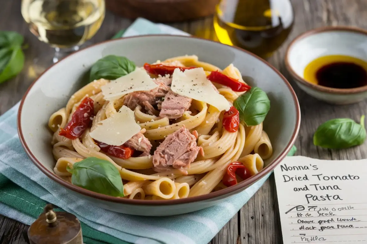 Genova sun-dried tomato and tuna pasta, Genova pasta with tuna and sun-dried tomatoes, Mediterranean tuna pasta, sun-dried tomato pasta with tuna, Italian tuna and tomato pasta, tuna and tomato pasta recipe